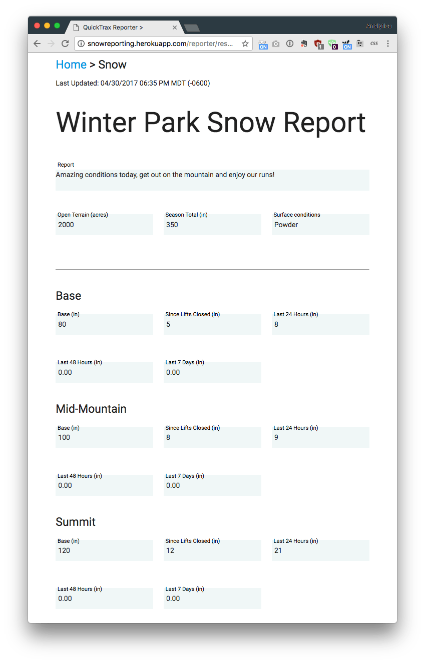 Winter Park’s Snow Reporting in Tablet View